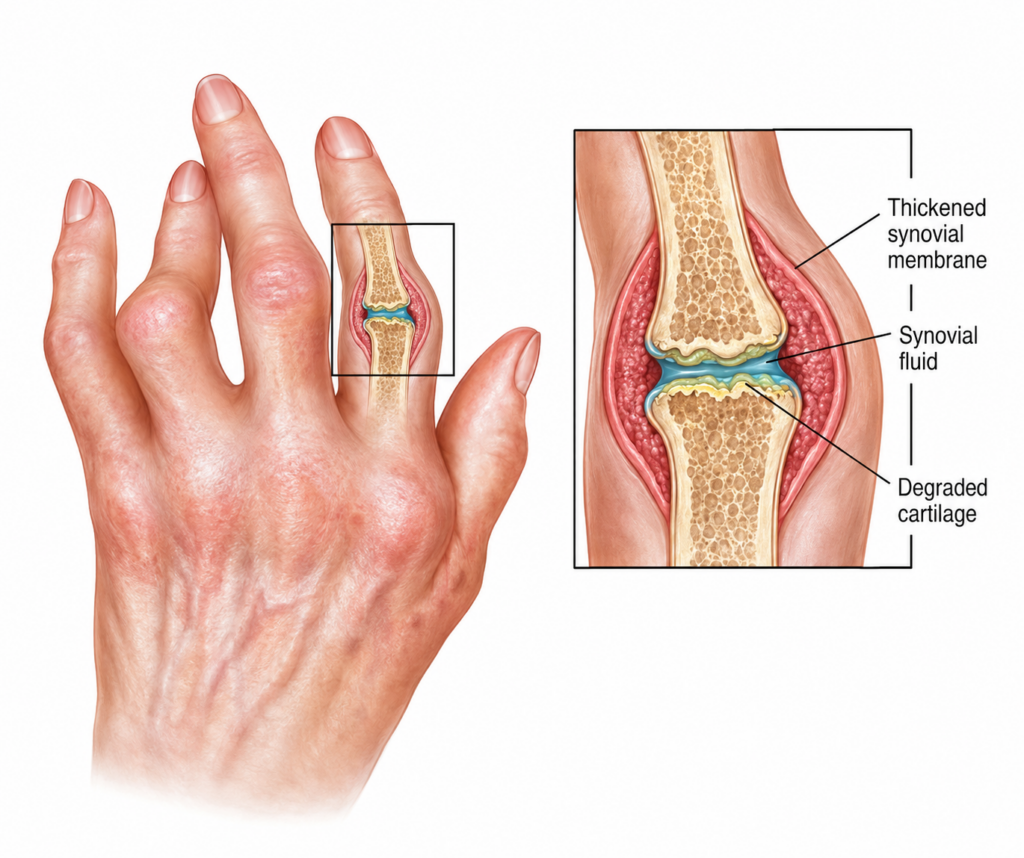 a hand that has rheumatoid arthritis and a diagram that shows the bone issues in the hand. 