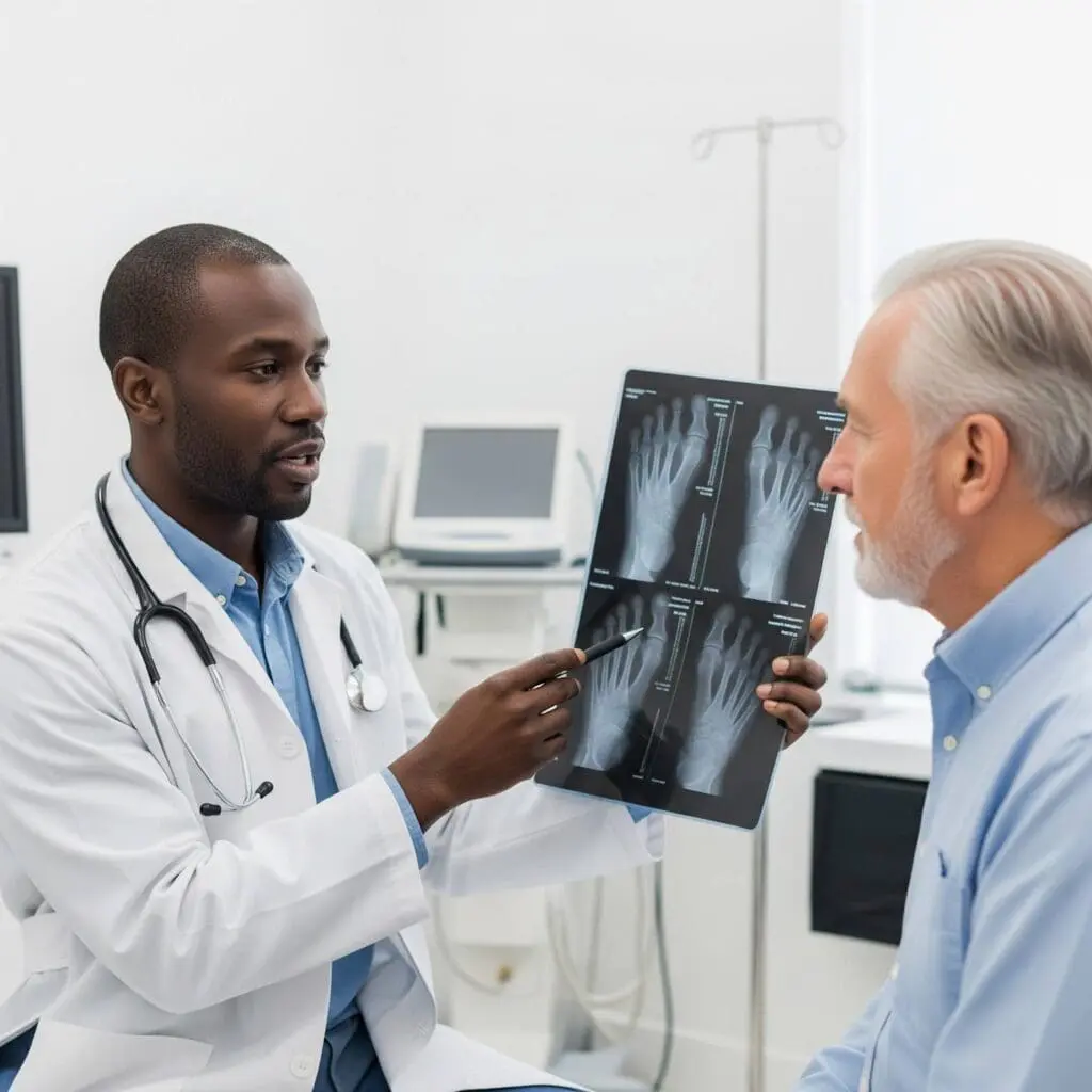 doctor showing to patient his foot conditions