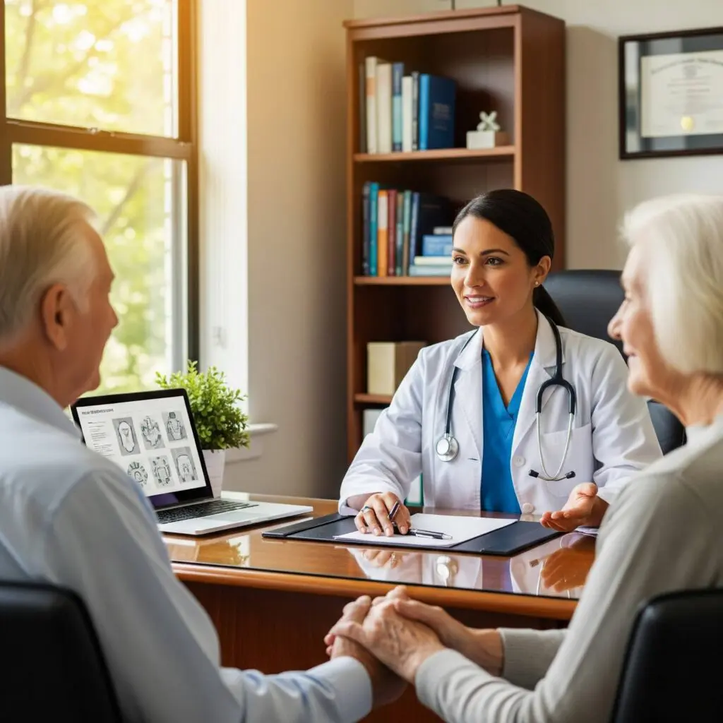 primary care doctor consulting two older adults