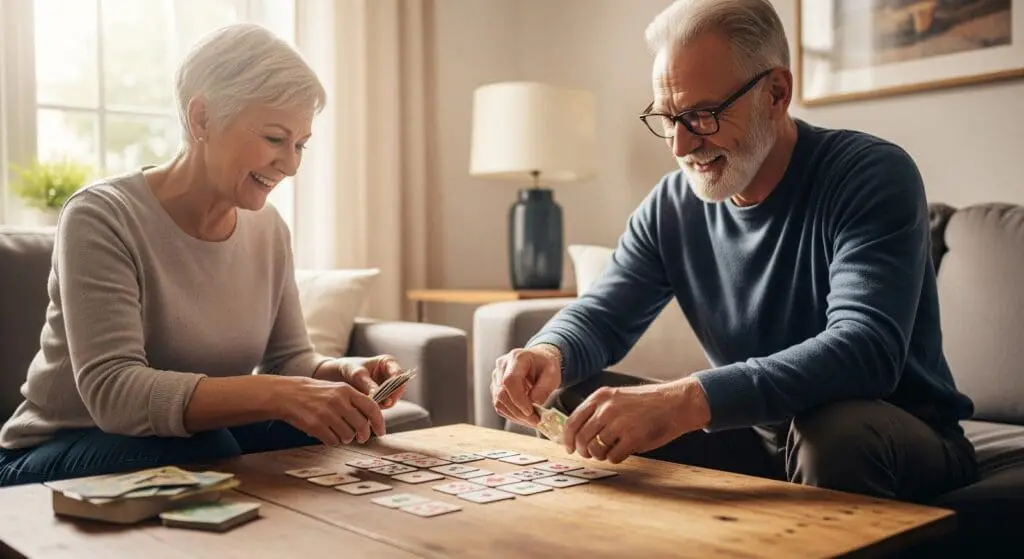 two older adults playing card memory games in a living room