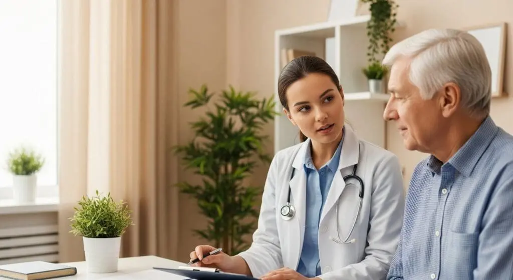 female primary care doctor advising an older adult about alzheumer's