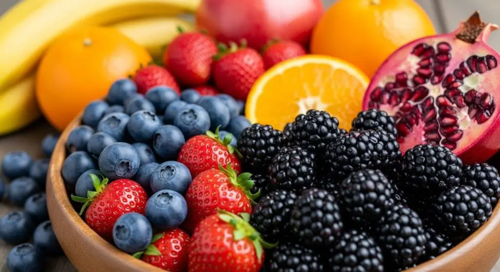 Blueberries, strawberries, blackberries, oranges, pomegranates, bananas