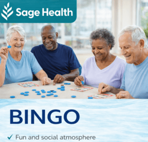 four older adults playing bingo