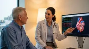 a female cardiologist consulting an older adult