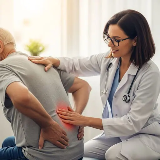 primary care doctor helping older adult with back pain
