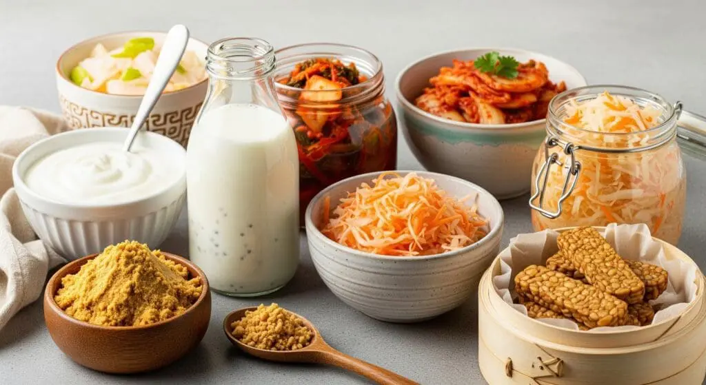 Yogurt, kefir, kimchi, sauerkraut, miso, tempeh