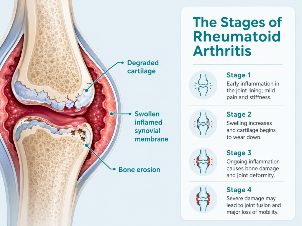 a diagram of a bone with rheumatoid arthritis and the four stages of it