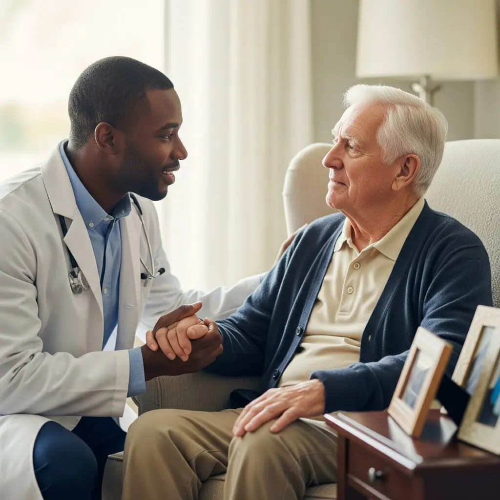 primary care doctor consulting an older adult about alzheimer and dementia