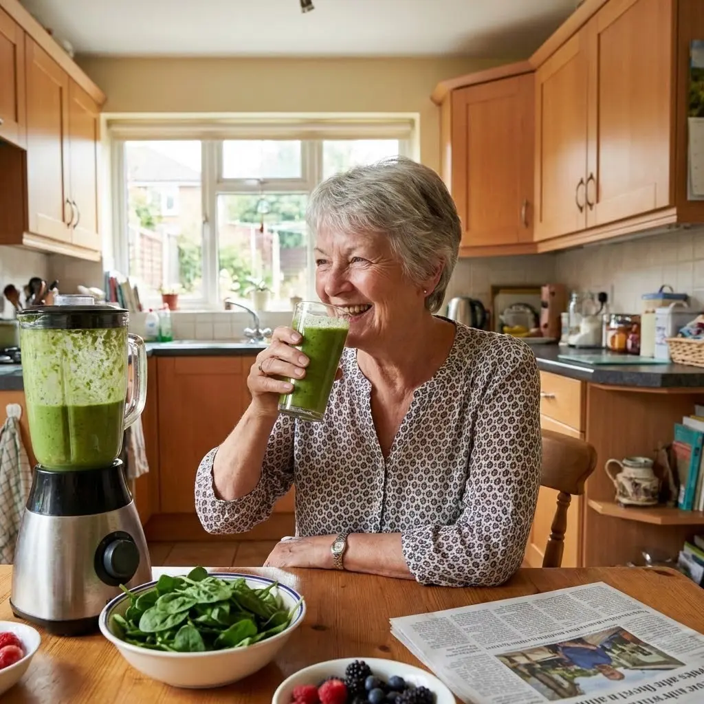 a female older adult drinking a healthy smoothy in her kitchen