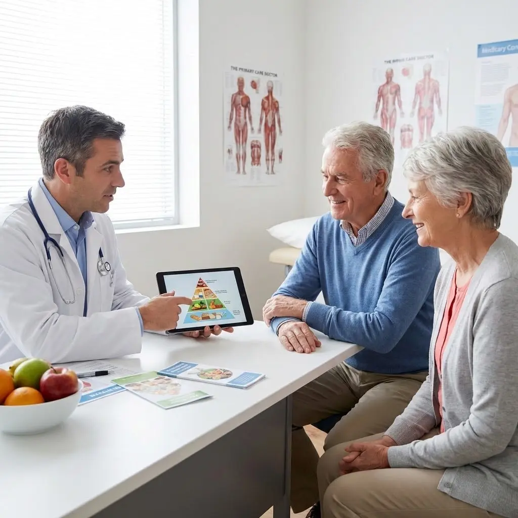 primary care doctor consulting an older adult couple about nutrition