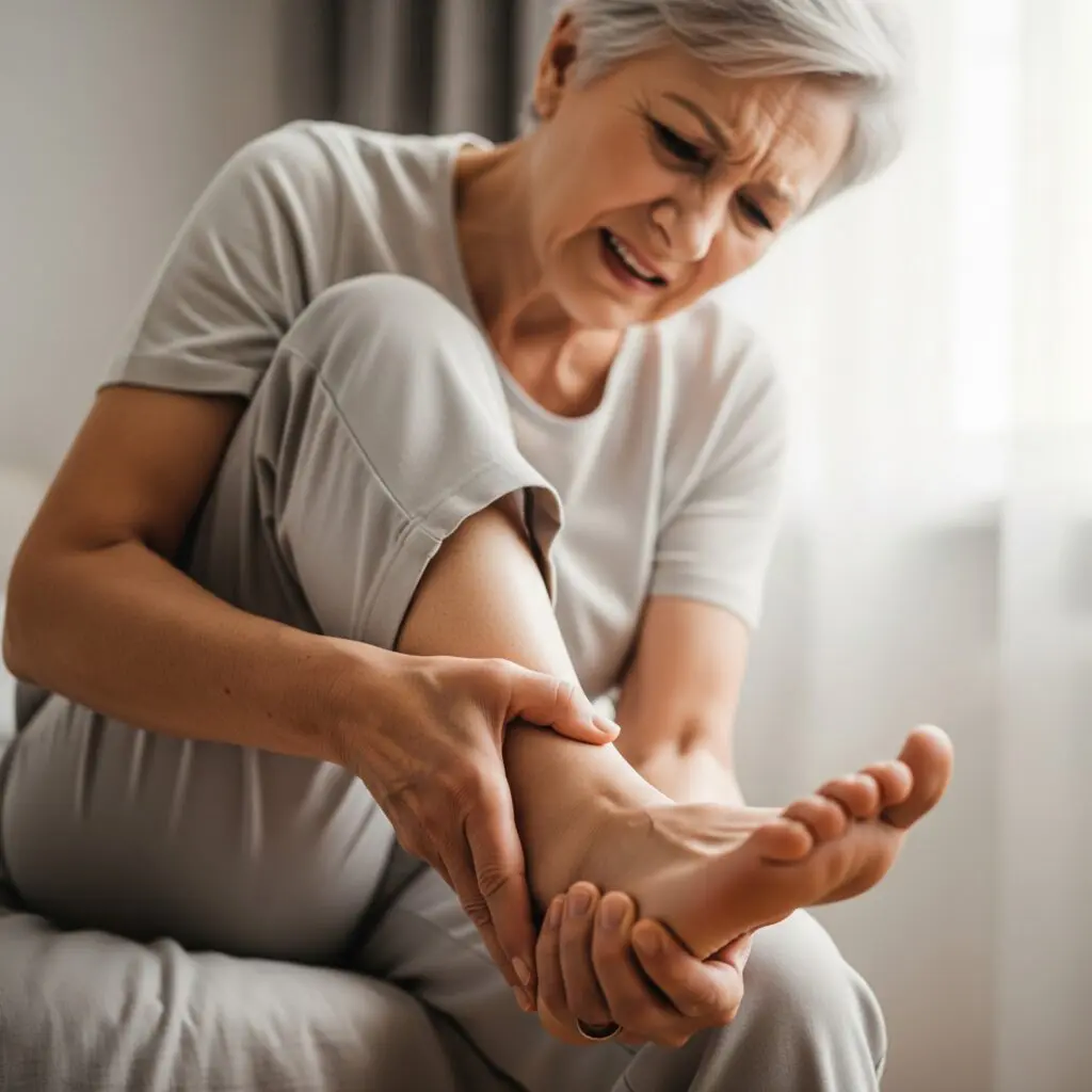 an older adult holding her ankles in pain