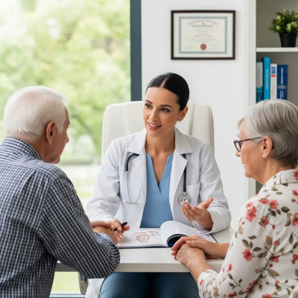 a primary care doctor consulting two older adults about alzheimer and dementia