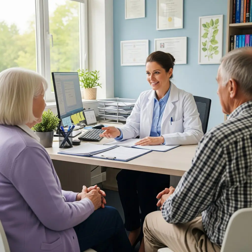 a doctor consulting two older adults about alzheimer 