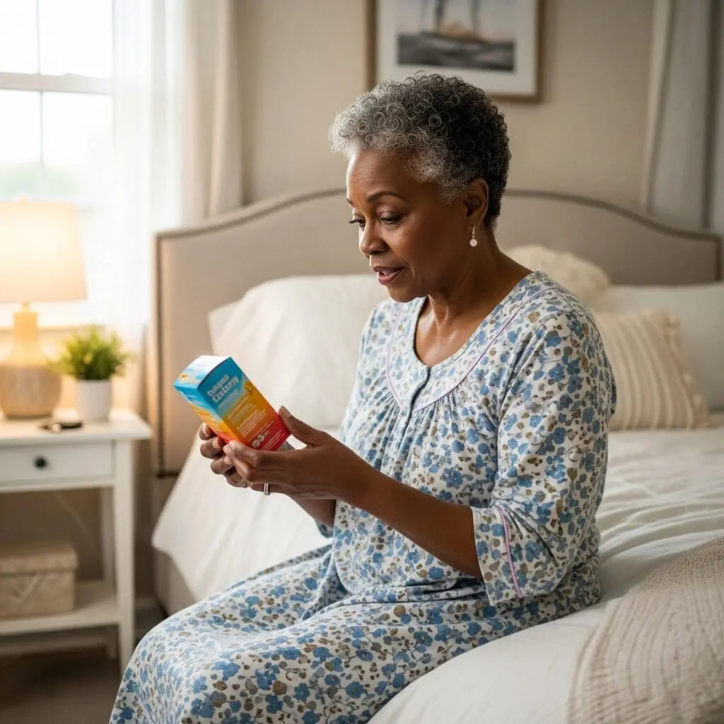 older adult sitting in her bed looking at joint suppliments 