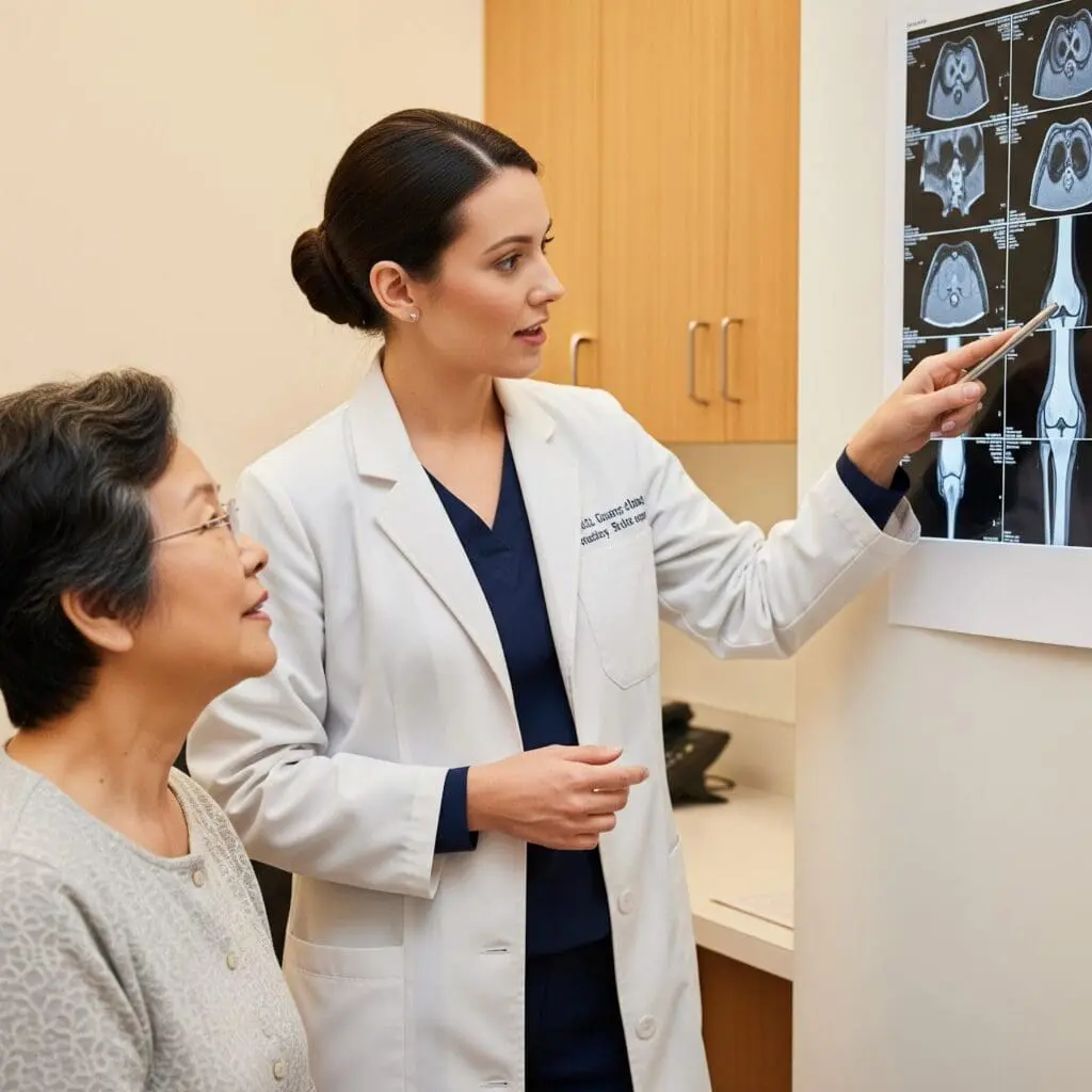 a female primary care doctor showing mris of joints to an older adult