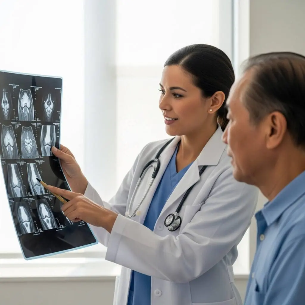 a female primary care doctor showing mris of joints to an older ault