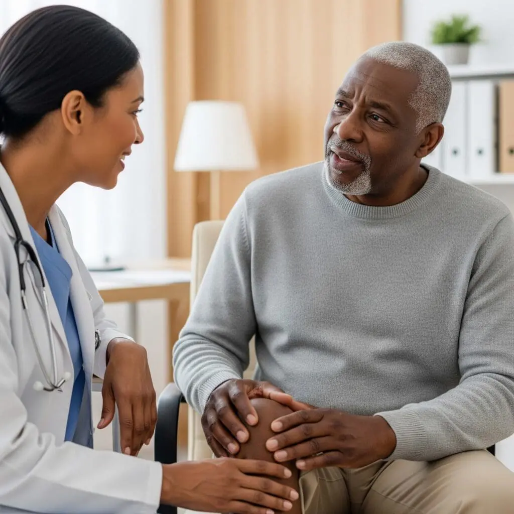 a female doctor advising an older adult about his joint issues