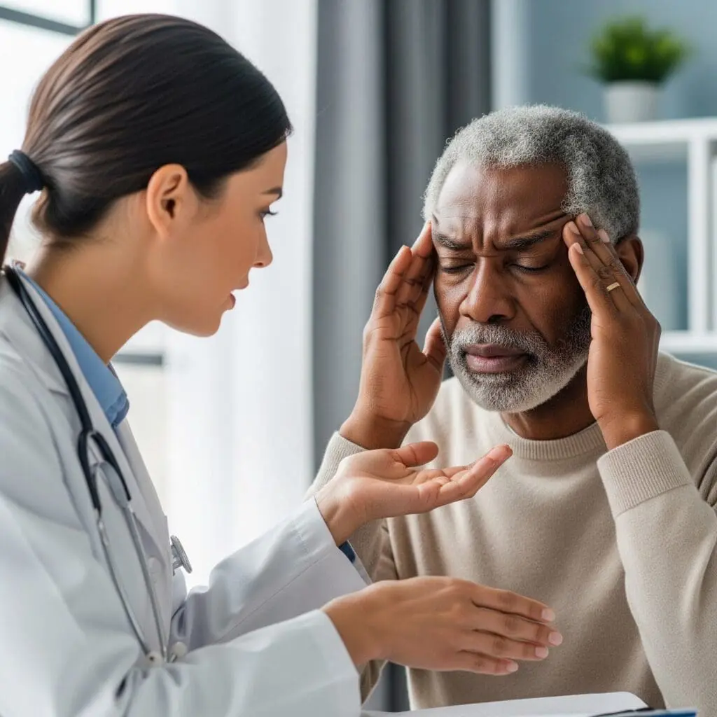 doctor consulting a person that has headache due to vertigo