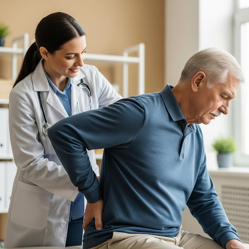 primary care doctor helping older adult with backpain