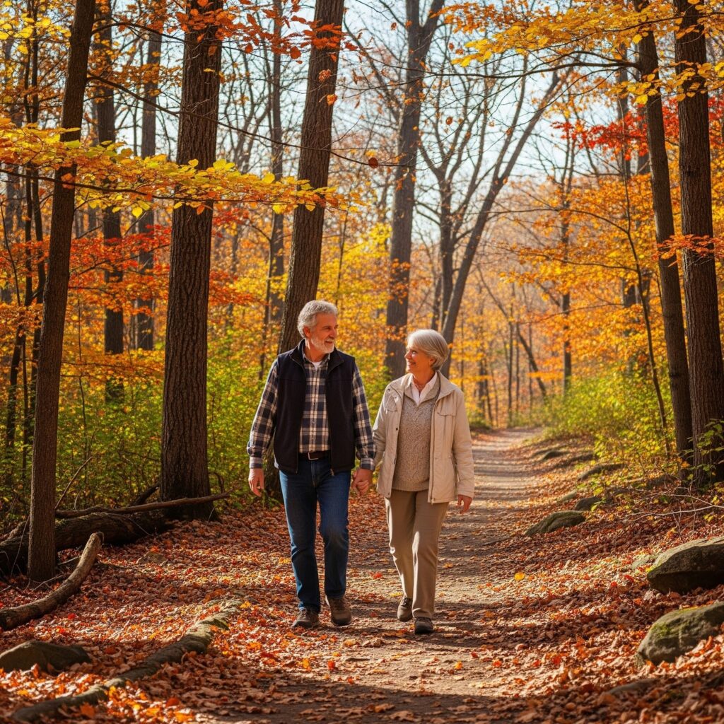 two older adults walking in a forest in fall