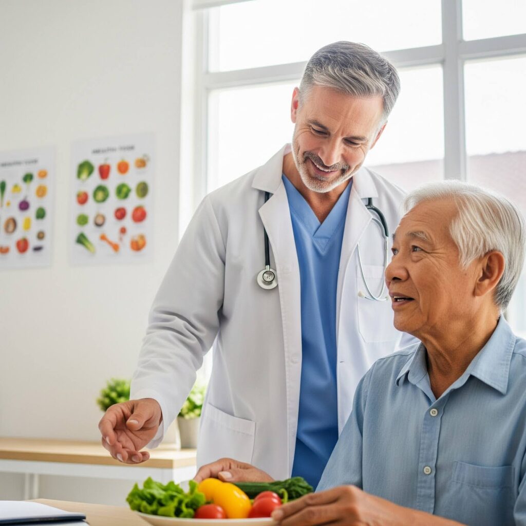 a doctor explaining to an older adult healthy foods
