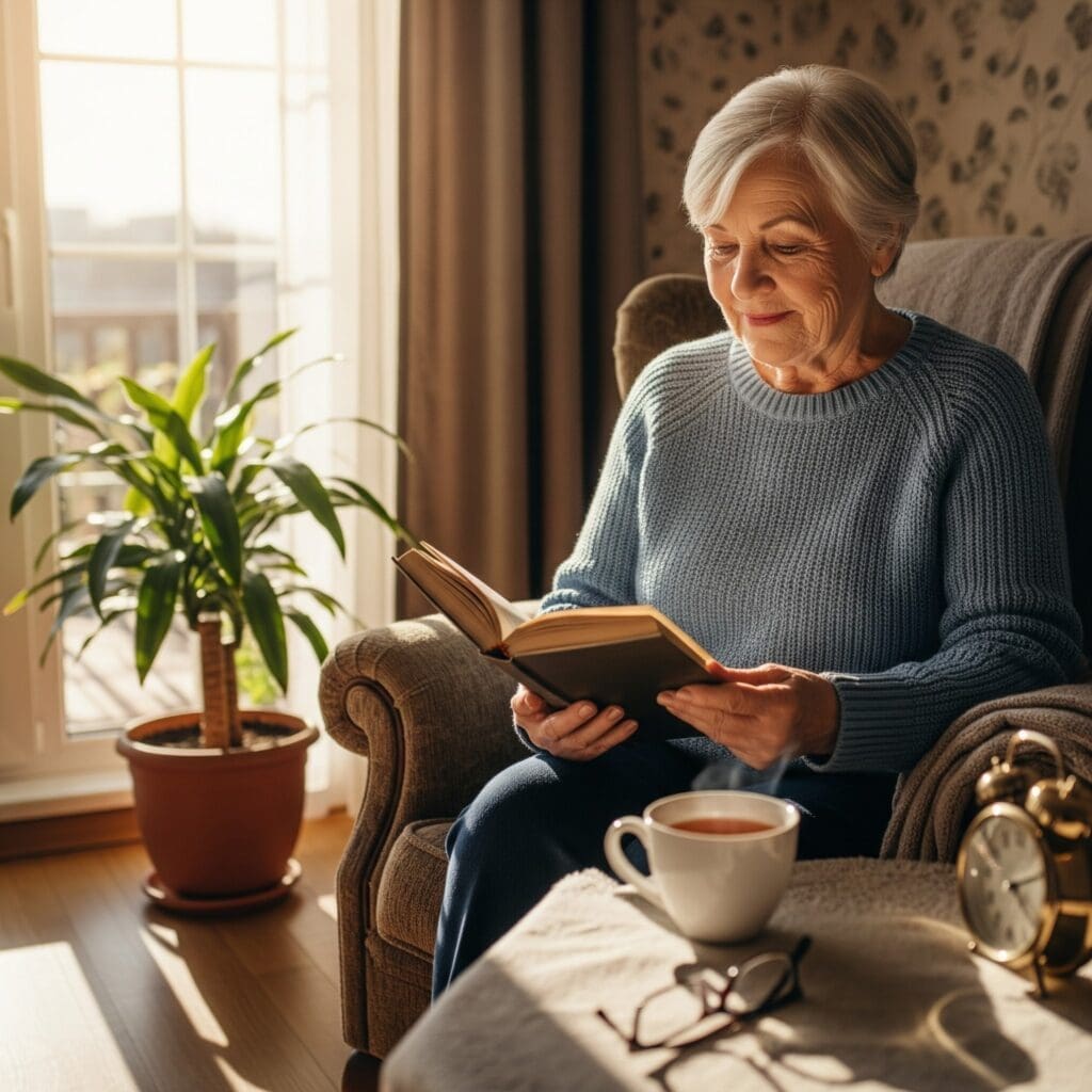 an older adult reading a book in her living room