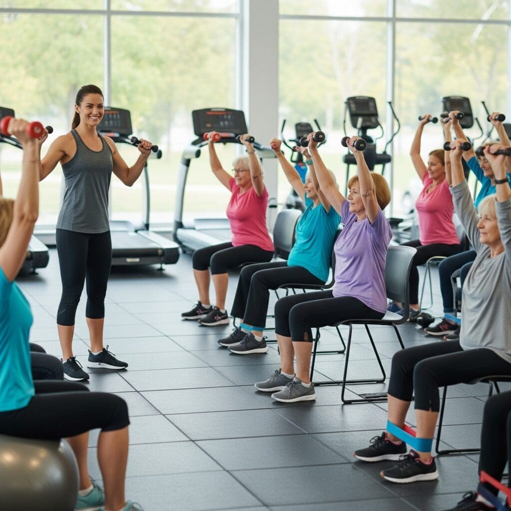 gym instructor training a class of older adults