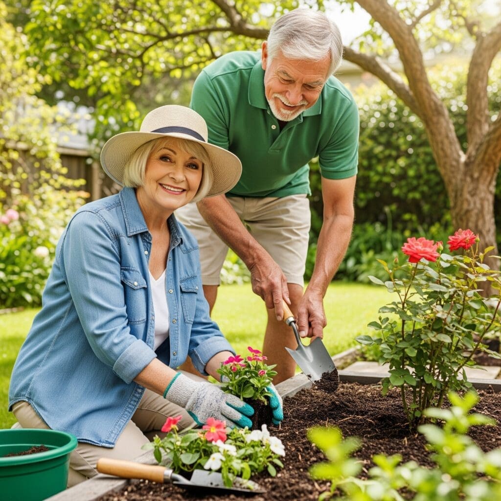 two older adults gardening