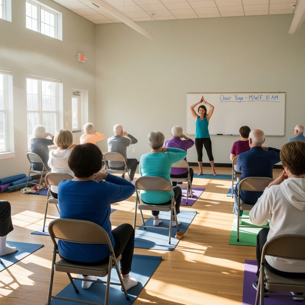 a yoga instructor showing how to do chair yoga to a class of older adults