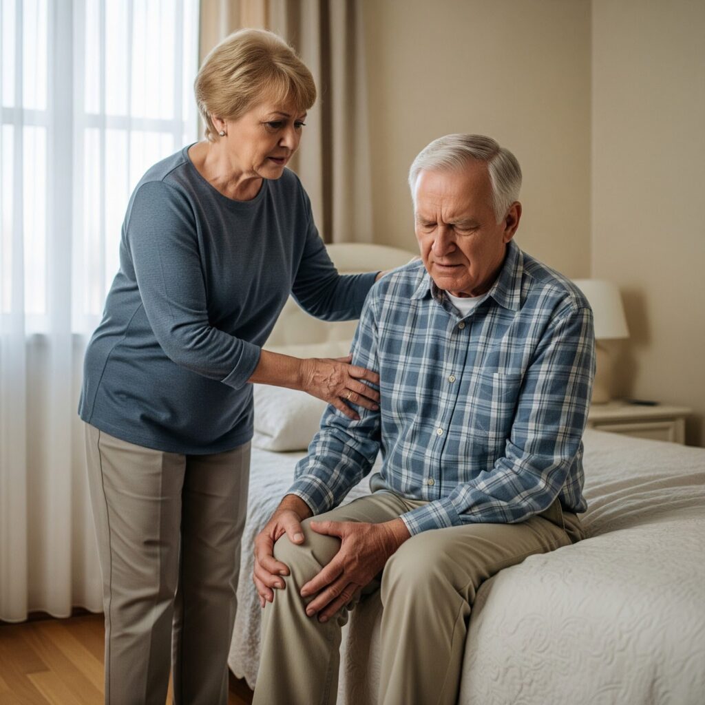 two older adults of which one of them seems to have pain in his knee and the other older audult comforts him