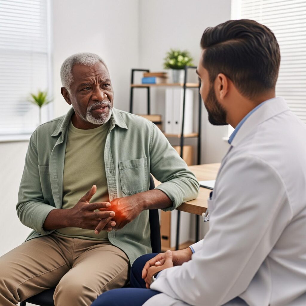a primary care doctor advising an older adult about his joint issues