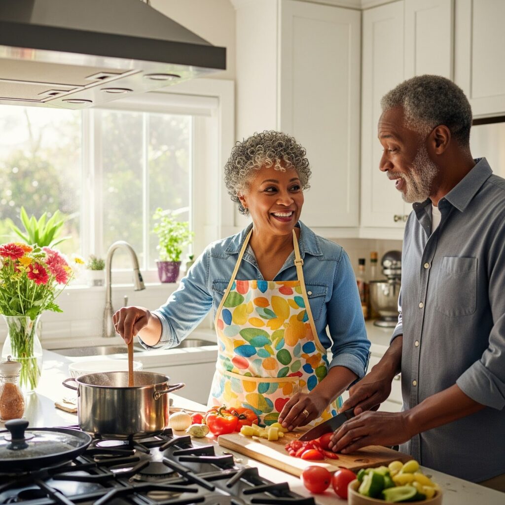 a couple of older adults cooking a healthy meal in the kitchen