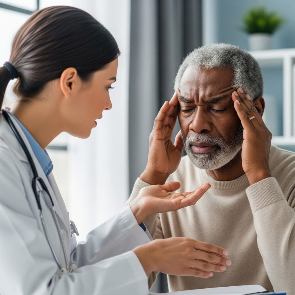 doctor consulting a person that has headache due to vertigo